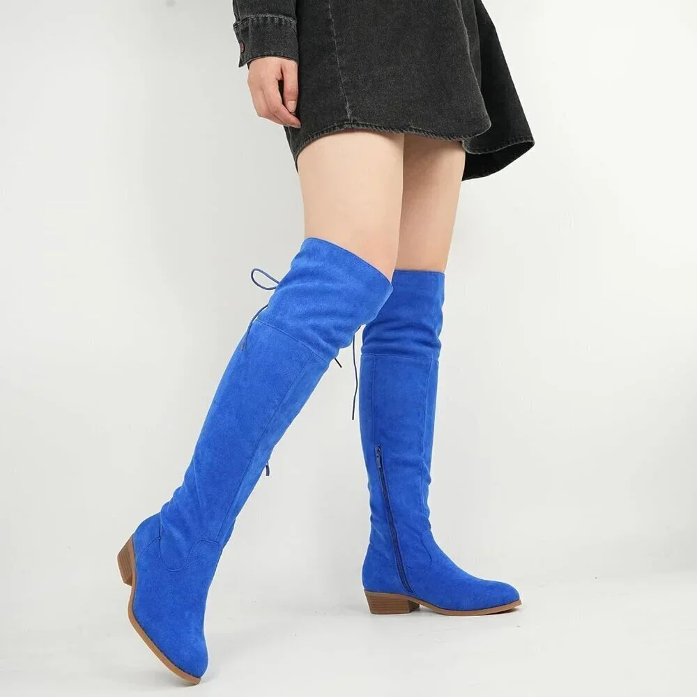 Women's Blue Faux Suede Thigh High Over The Knee Black Low Flat Heel Boots